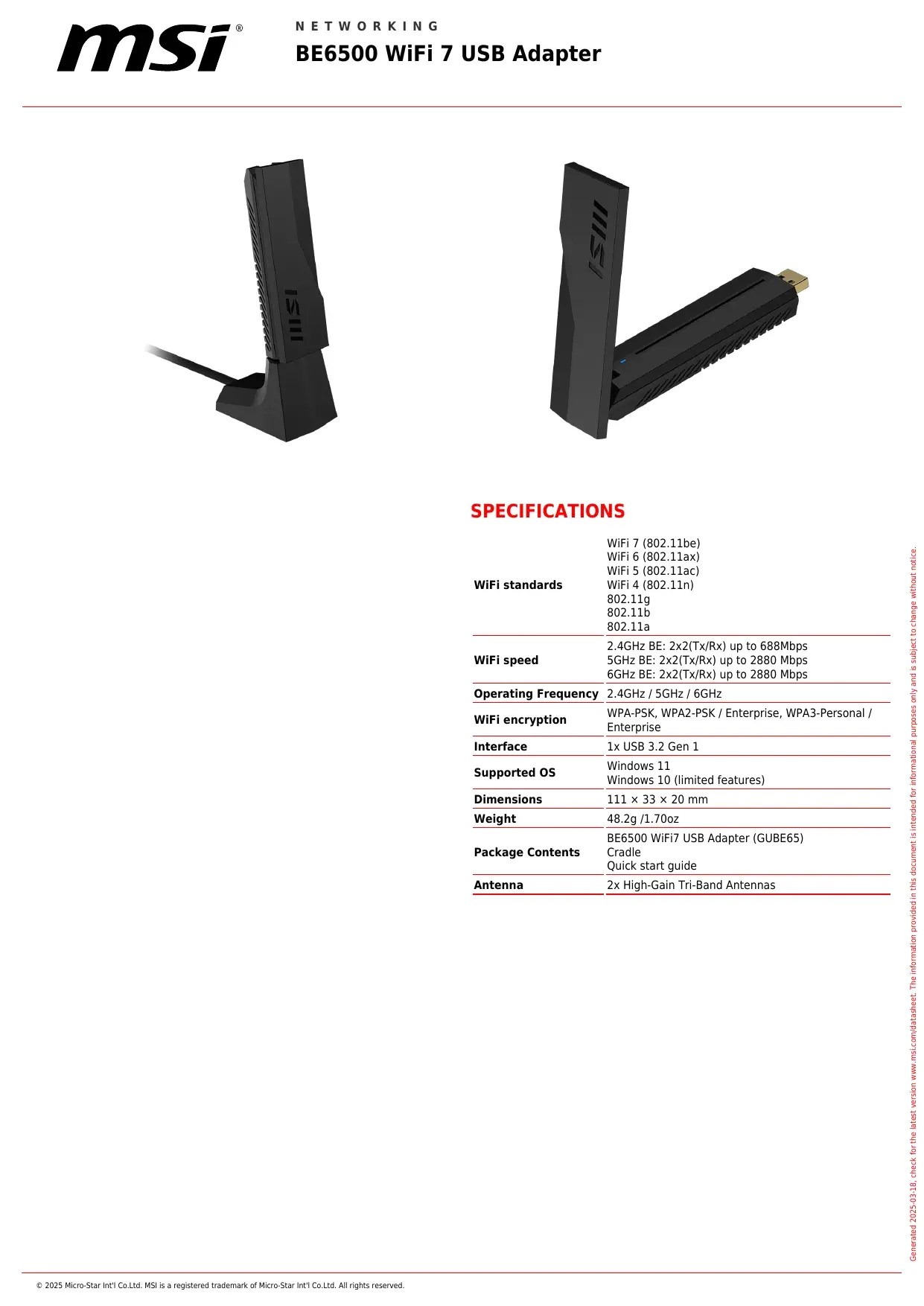 MSI BE6500 WiFi 7 USB Adapter 官方產品圖