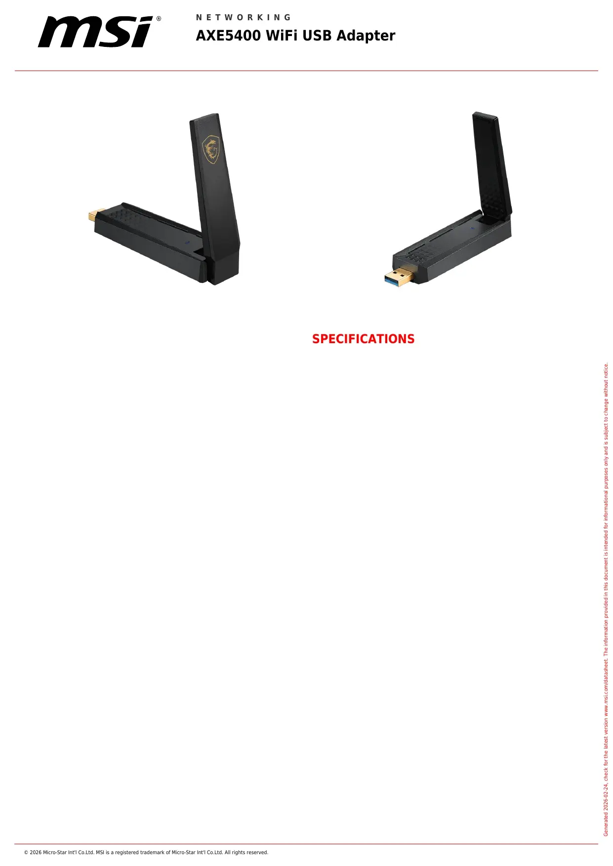 MSI AXE5400 WiFi USB Adapter 官方產品圖