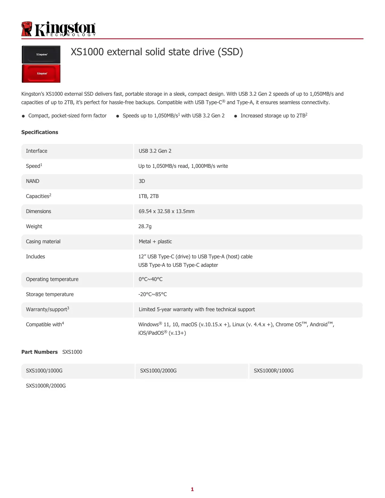Kingston XS1000 2TB 官方產品圖