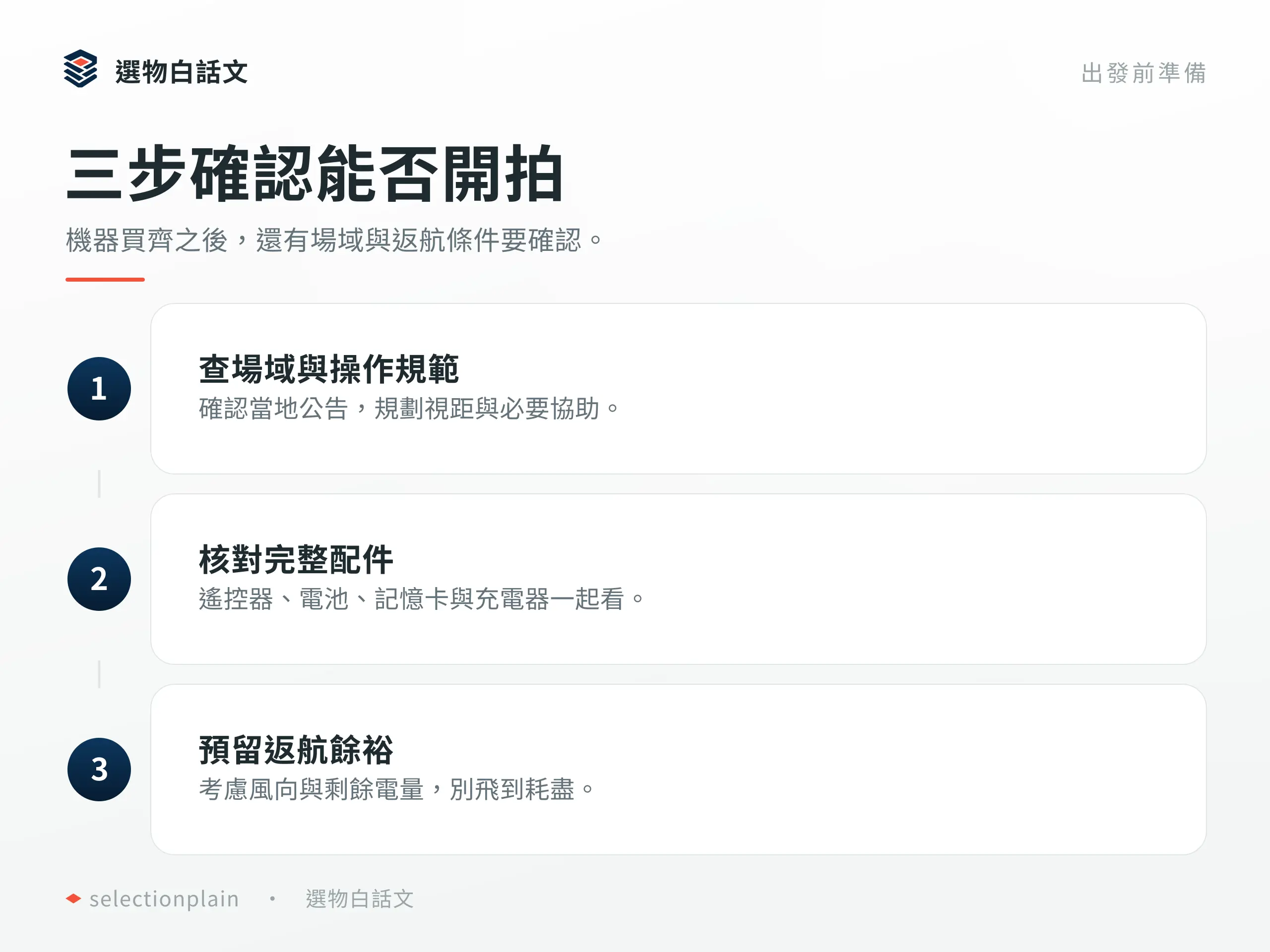 三步確認能否開拍：機器買齊之後，還有場域與返航條件要確認。