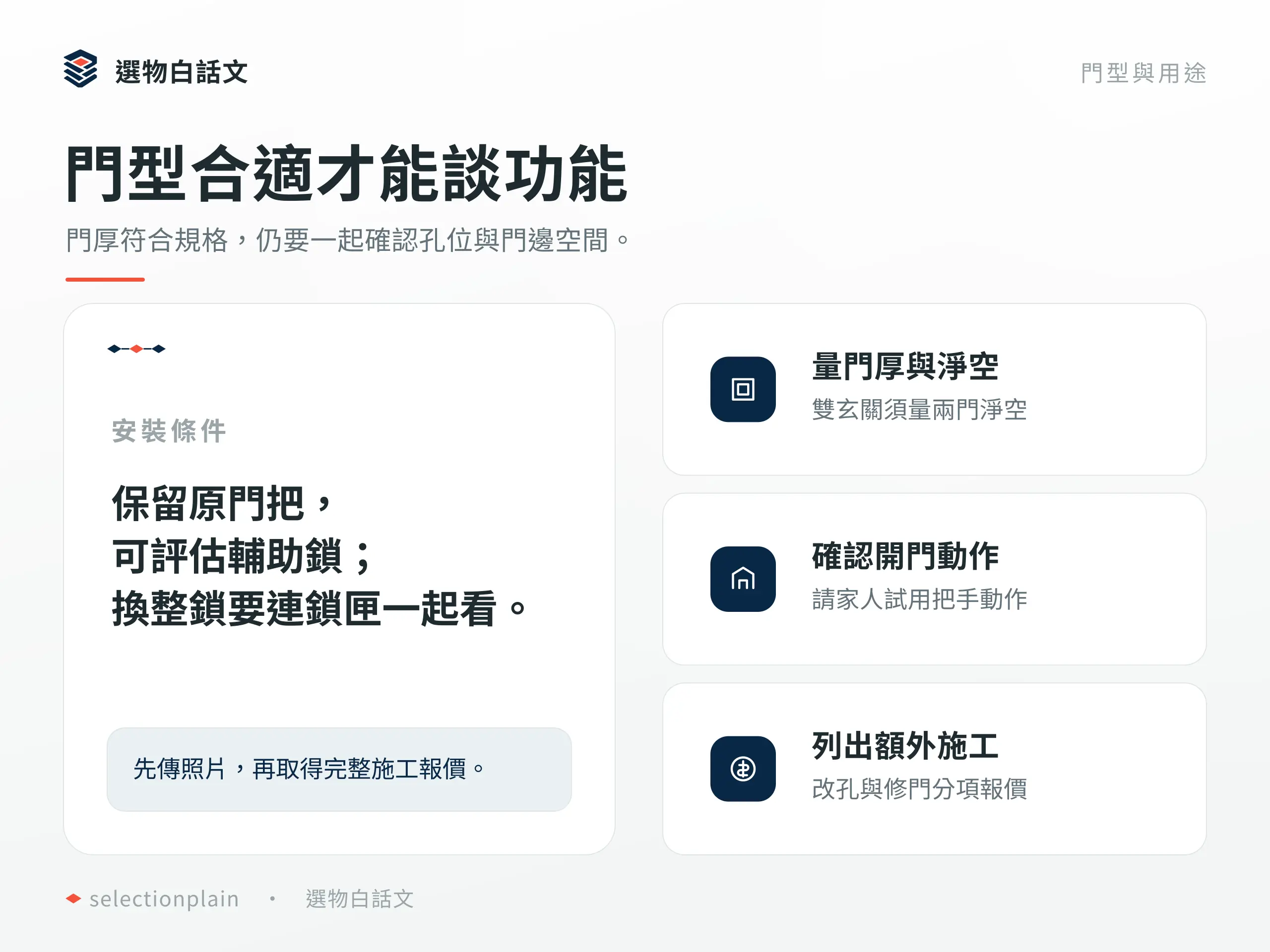 門型合適才能談功能：門厚符合規格，仍要一起確認孔位與門邊空間。
